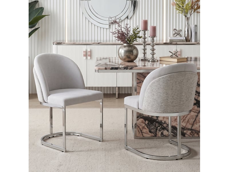  Lot de 2 chaises de salle à manger, double dossier et piètement métallique en chenille gris clair et argenté  - Conforama B