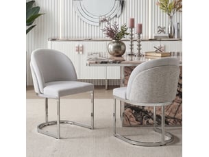 Lot de 2 chaises de salle à manger, double dossier et piètement métallique en chenille gris clair et argenté