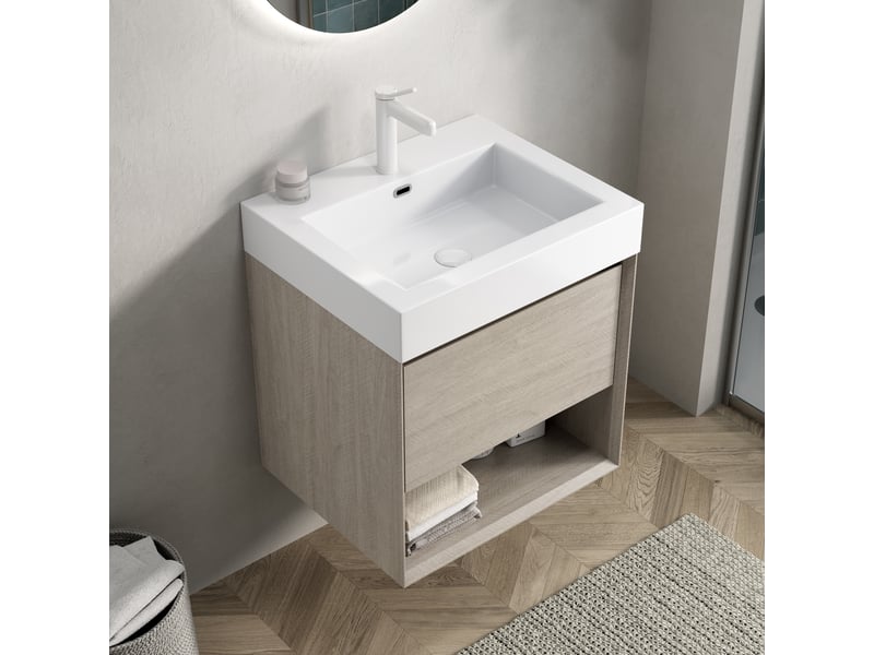 Meuble sous vasque suspendu avec 1 tiroir et 1 espace ouvert, vasque en résine, salle de bain, chêne clair et blanc - Conforama C