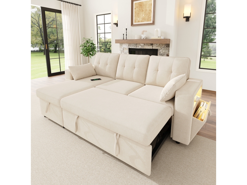 Canapé d’angle convertible 3 places en chenille beige, 213 cm, coffre et led IKSETERA TRADING LTD - Conforama D
