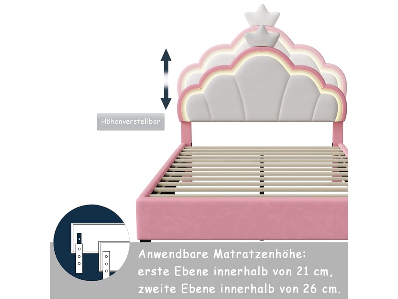  Lit double 140x200 cm avec éclairage led et tête de lit réglable en hauteur, lit capitonné en velours rose, structure de lit avec sommier à lattes  - Conforama E