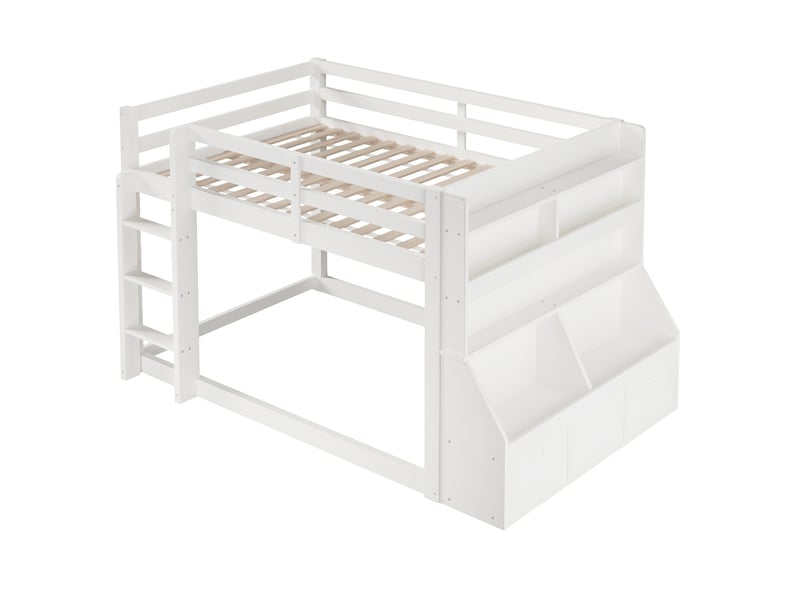 Lit mezzanine en bois massif, 140 x 200 cm, avec bibliothèque, bande led et compartiments de rangement, blanc - Conforama A