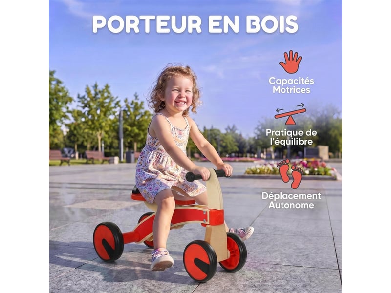  Porteur en bois 4 roues selle avec rebord naturel noir rouge  - Conforama D