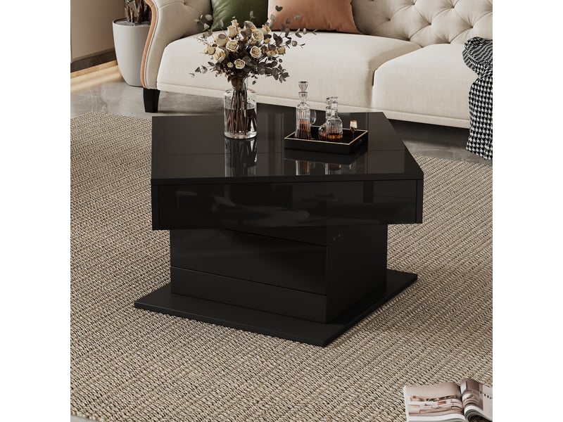  Table basse carrée noire 70x70x45 cm, table de salon relevable avec plateau tournant 360° et tiroir de rangement  - Conforama R