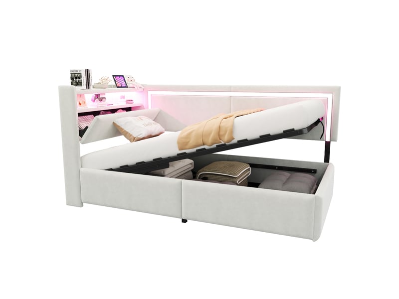  Lit coffre enfant simple 90x200cm, led et ports usb, tête de lit avec espace de rangement, velours, beige, sans matelas  - Conforama A