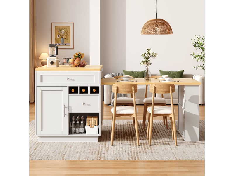  Îlot de cuisine extensible 121–195 x 70 x 93,5 cm avec table à manger coulissante, tiroirs, rangements et porte-bouteilles, blanc et effet bois  - Conforama C
