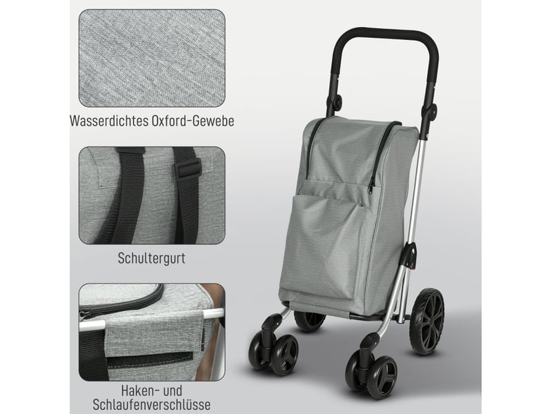 Chariot de courses pliable 58 x 44 x 100 cm – gris – sac isotherme 46 l, 6 roues, poignée réglable - Conforama C