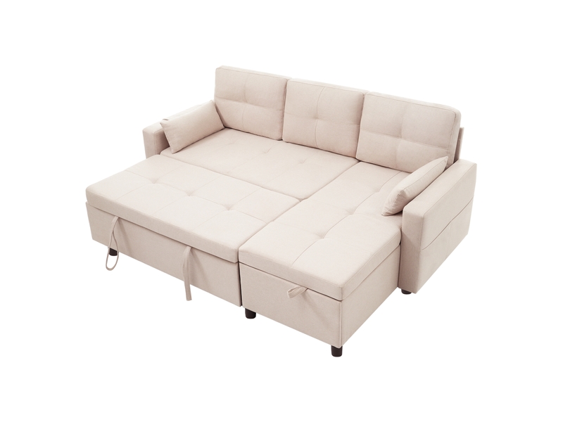  Canapé d'angle en forme de l convertible, doté d'un espace de rangement intégré et d'un porte-gobelet rabattable ; adapté aux salons et aux espaces similaires-beige  - Conforama A