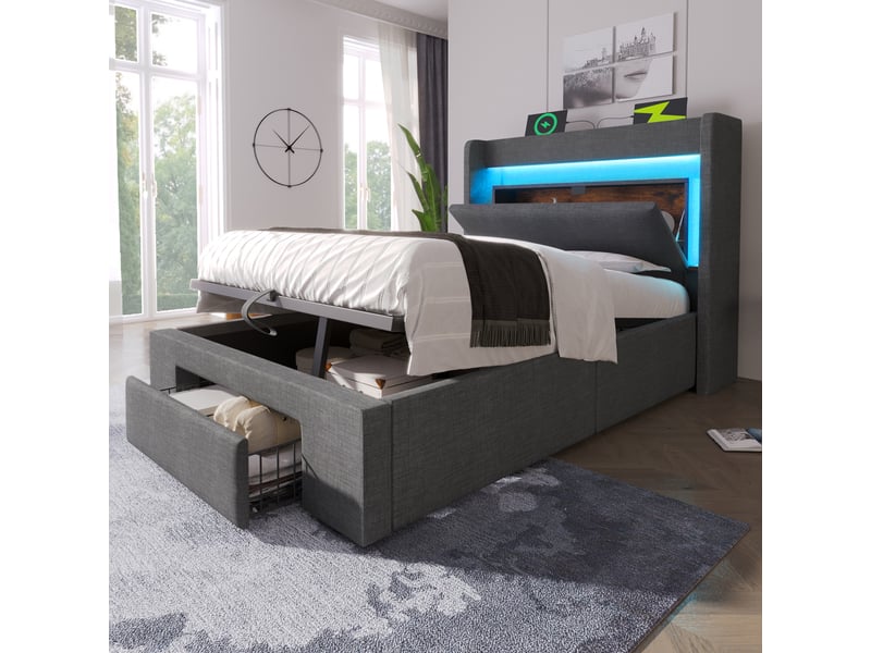 Lit en lin avec rangement hydraulique et tête de lit à compartiment de rangement - Conforama D