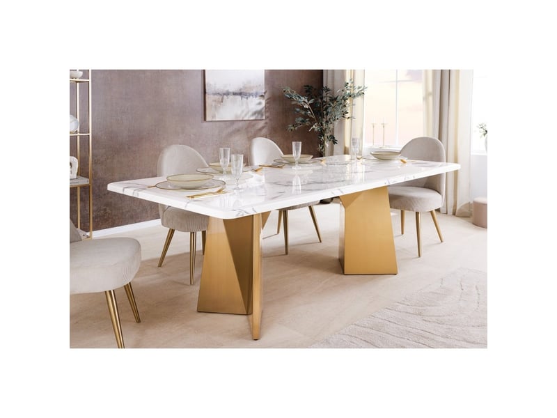  Table de salle à manger orea – rectangulaire – marbre blanc et doré – pieds métal – style chic et moderne  - Conforama C