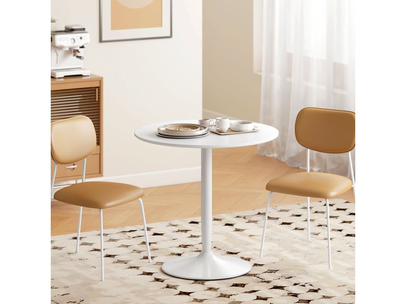  Table à manger ronde pour 2 personnes, table de cuisine style moderne avec piétement en acier, ø 80 x 75 cm, blanc  - Conforama C