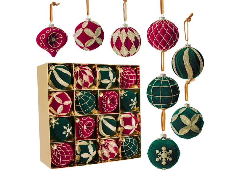  Lot de 16 boules de noël velours bordeaux foncé + vert foncé, 8cm – paillettes dorées, décoration pour sapin et fêtes  - Conforama D