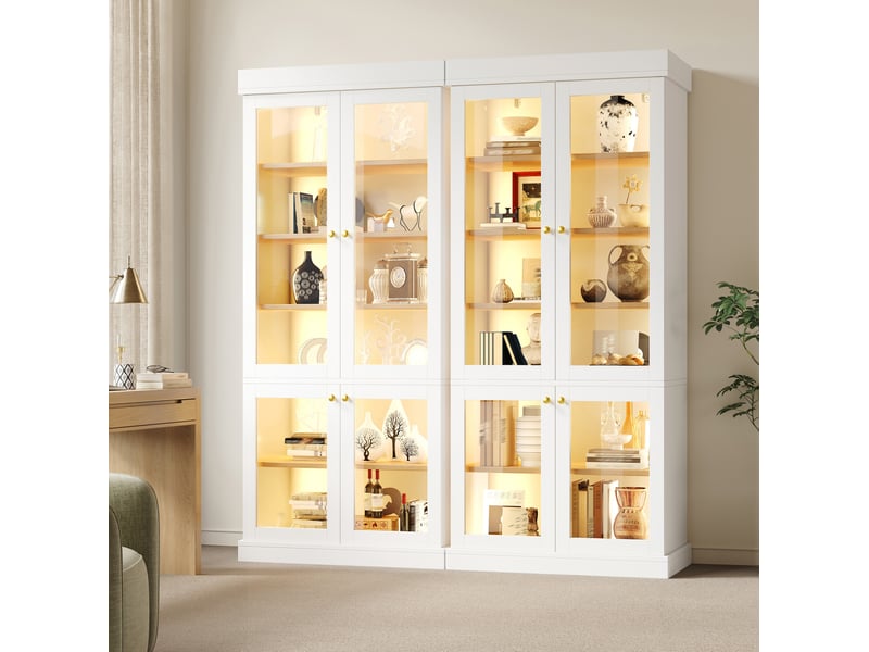  Lof 2 de vitrine haute blanche avec éclairage led multicolore, portes vitrées, étagères réglables et protection anti-basculement  - Conforama B
