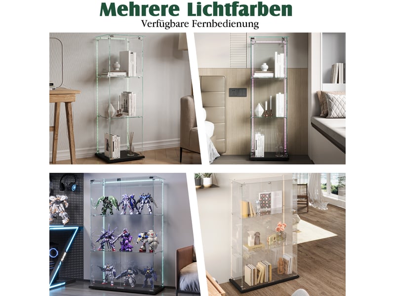  Vitrine en verre 3 niveaux simple porte - 39,8 x 35 x 123,5 cm - noir - armoire d'exposition avec ruban led et base noire  - Conforama D