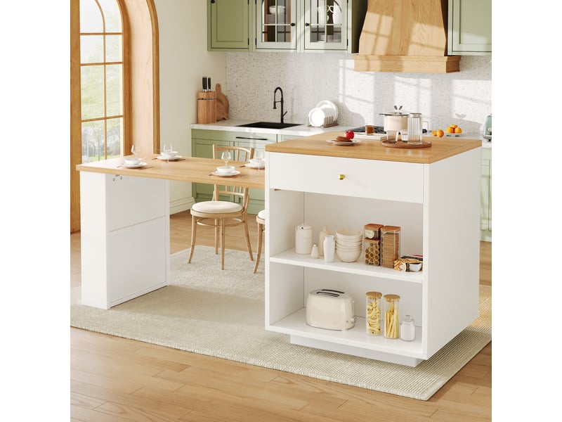 Îlot polyvalent pour cuisine extensible avec vitrine en verre et éclairage led rgb, longueur réglable 122,5-195,5 cm, couleur blanche. - Conforama E