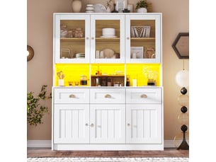 Armoire haute de cuisine 140x40x175cm, buffet de cuisine avec led, vaisselier blancnoir en mdf