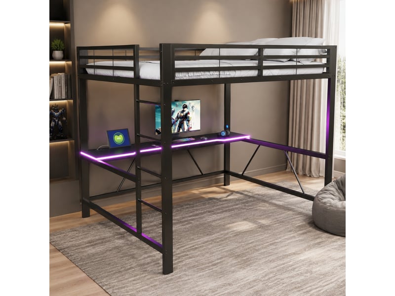 Lit mezzanine double 160×200 cm bureau, led et usb - sans matelas, métal et mdf noir - Conforama B