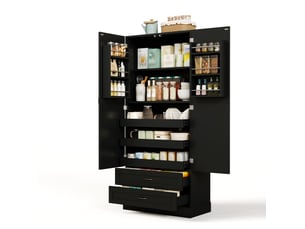 Buffet de cuisine noir, armoire haute avec 3 étagères coulissantes, 2 tiroirs et double porte