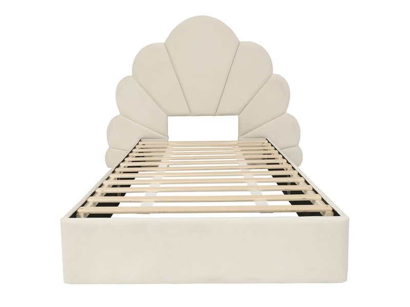  Lit simple capitonné, tête de lit à pétales incurvés, style simple, élégant et confortable, cadre de lit moderne, velours beige, 90 x 200 cm  - Conforama D