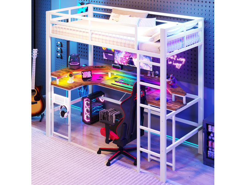  Lit mezzanine 90 x 200 cm blanc avec bureau, led multicolore, prises et usb  - Conforama B
