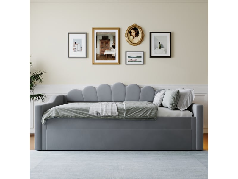  Lit banquette rembourré 140x200 cm avec led et lit gigogne, gris, cadre en bois robuste et confort moelleux  - Conforama E