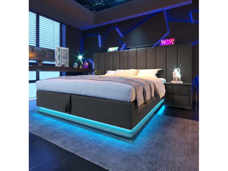  Lit coffre 180×200 avec led, ports usb et usb-c, rangement hydraulique, en lin gris avec matelas  - Conforama E