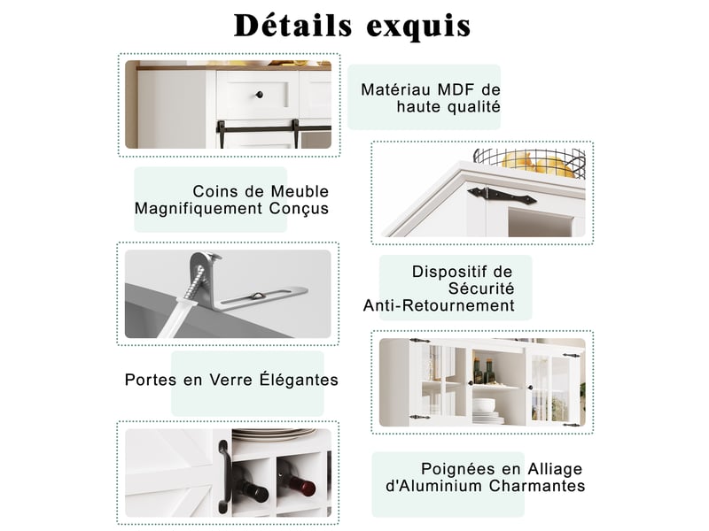  Buffet de cuisine 105x38,4x180 cm avec portes vitrées, casier à bouteilles buffet avec éclairage led, 4 portes,3 tiroirs,blanc  - Conforama D