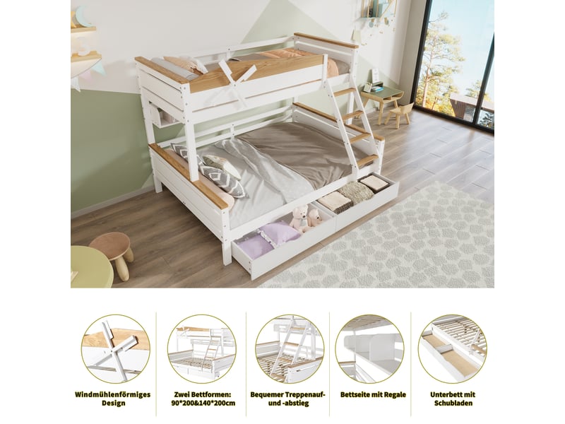  Lit superposé 90x200 &amp; 140x200 cm - lit avec protection et rangement pour enfant, grille antichute, échelle à 4 niveaux, bois de pin + mdf, blanc + naturel  - Conforama D
