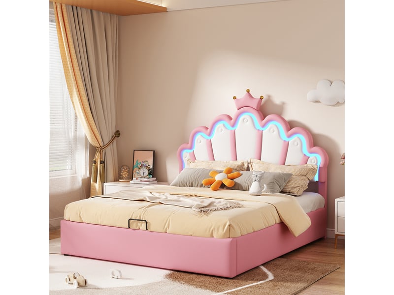  Lit coffre enfant 140x200 cm - lit double avec rangement intégré et lumière led d’ambiance, mdf + similicuir, rose  - Conforama E