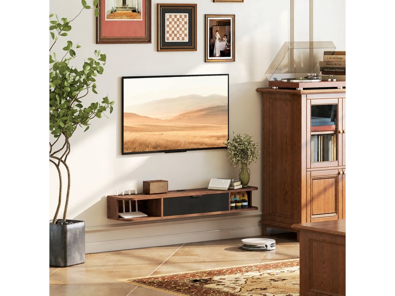  Meuble tv suspendu effet noyer pour tv jusqu'à 50 pouces, abattant, 2 étagères, 120 x 24 x 16 cm  - Conforama B