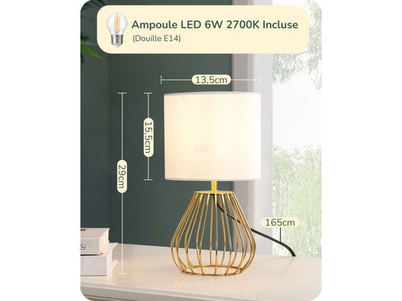  Lampe de chevet design industriel t165 abat-jour lin blanc base metal or e14 led 2700k 29 cm 370618_AAAYP05907_6_DROPFR - Conforama D