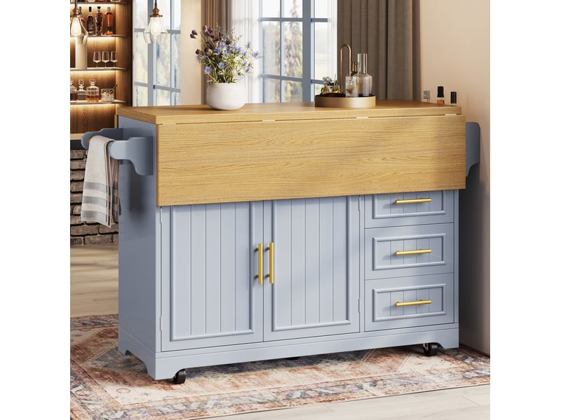  Desserte de cuisine 120x4080x95 cm, plan extensible, portes à motif vertical, 3 tiroirs, roulettes, mdf métal, bleu  - Conforama B