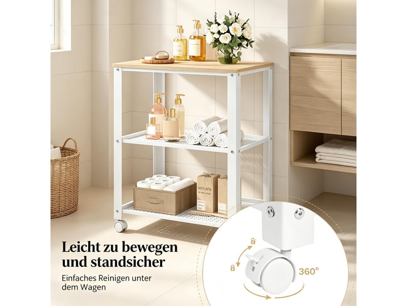  Desserte de cuisine à roulettes 60x40x76 cm – blanc et chêne clair – 3 niveaux de rangement  - Conforama E