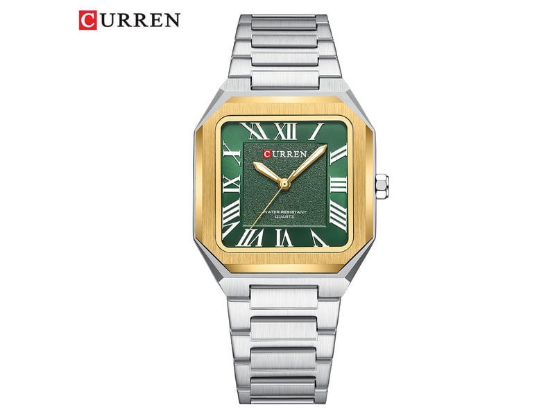 Montre à quartz carrée et simple (verte) avec chiffres romains et élégant bracelet en acier inoxydable.
