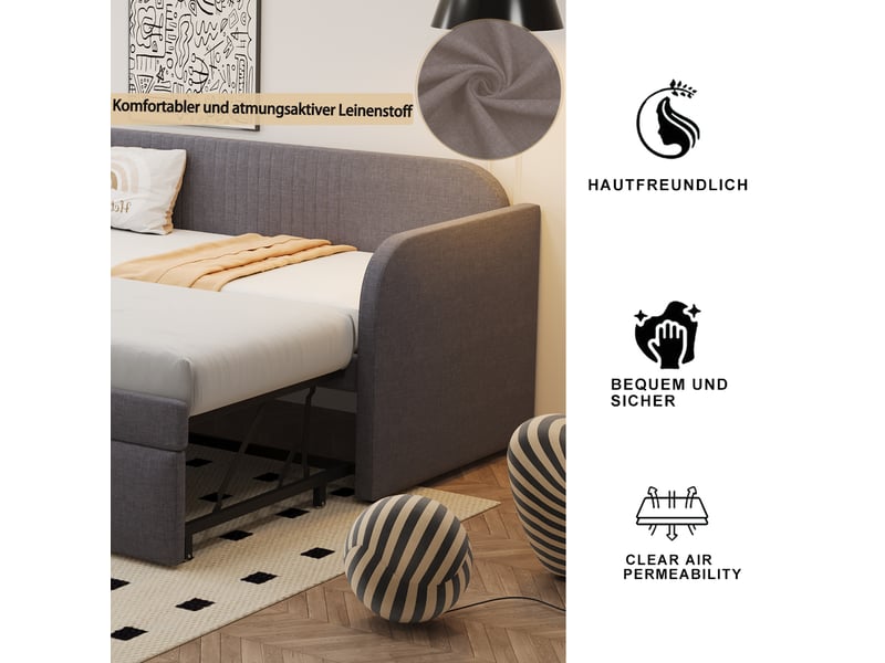  Lit enfant rembourré 90x180190 cm, cadre de lit adulte avec cadre en lin, lit simple multifonction, lit 1 personne, gris  - Conforama D
