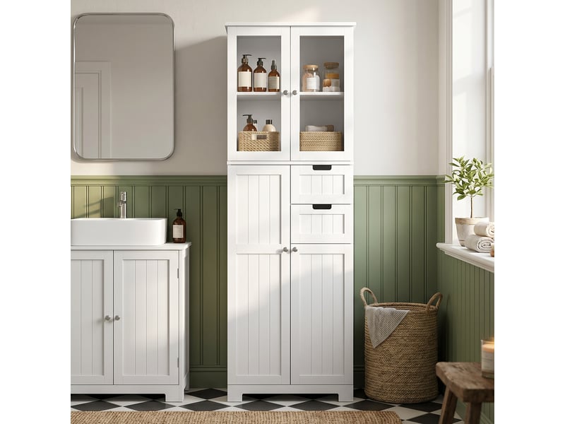  Meuble de salle de bain haut 4 portes 2 tiroirs 60x30x170cm blanc  - Conforama C