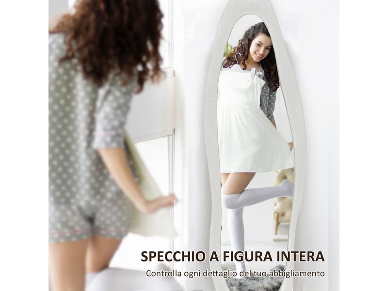 Miroir sur pied et mural avec cadre en velours ondulé, 160 x 50 cm, blanc  - Conforama R