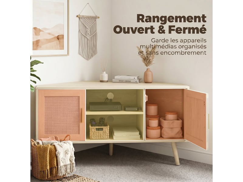  Meuble tv d'angle 115 cm, meuble télé pour téléviseur jusqu'à 65 pouces, chêne, 2 portes en rotin  2 compartiments  - Conforama R