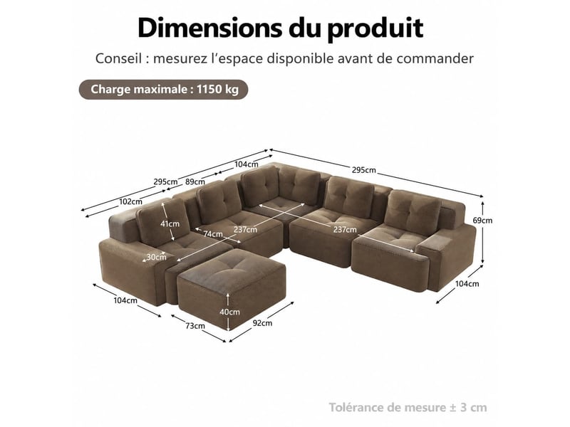 Canapé modulable avec ottomane pour salon ou bureau, velours côtelé rembourré, 69 × 295 × 295 cm, marron - Conforama C