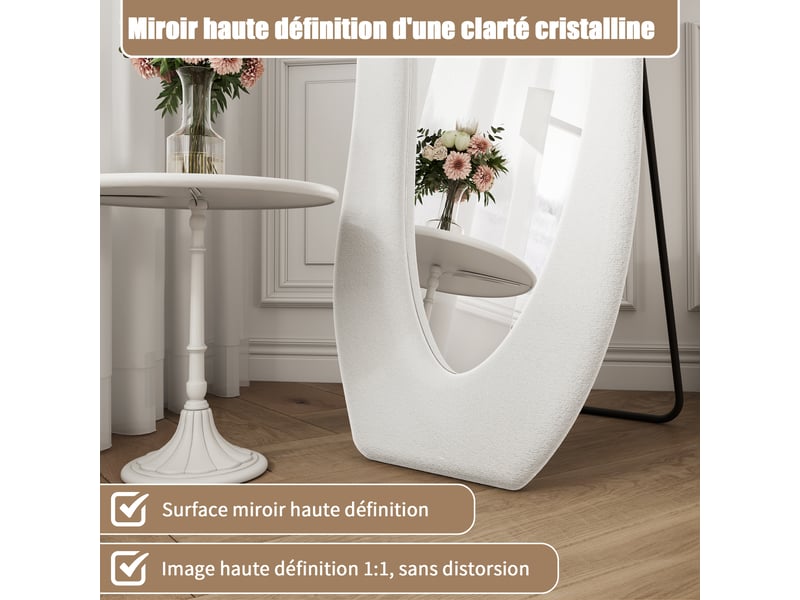 Miroir plein pied ondulé 160x50 cm, cadre en flanelle blanche, miroir au sol élégant pour chambre et dressing  - Conforama W