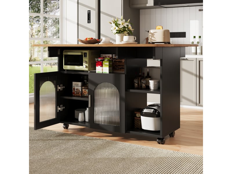  Îlot de cuisine noir avec table pliante buffet de rangement portes vitrées 120 cm  - Conforama B
