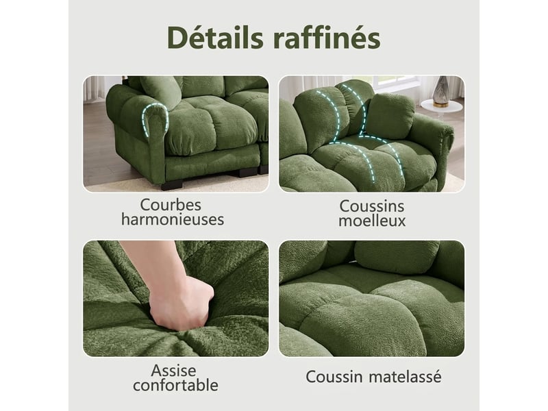  Canapé 3 places d'angle l vert en chenille avec pouf mobile - 260x149x90cm  - Conforama D