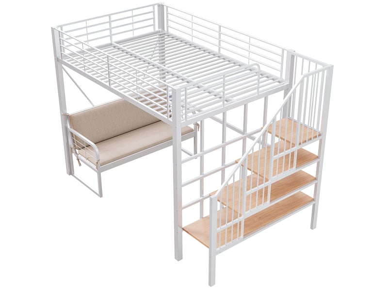  Lit superposé métal blanc 140x200 cm, canapé rembourré amovible, rangement et escalier sécurisé  - Conforama D