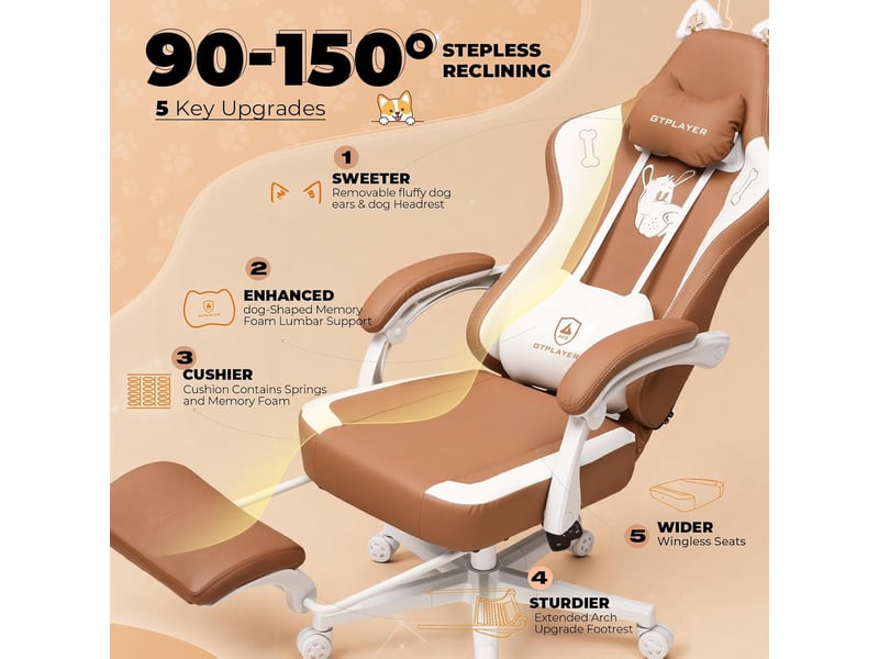  Gtplayer chaise de jeu avec oreilles de chat, mousse à mémoire de forme, repose-pieds, 150kg, cuir - marron GTP610-YE-PU - Conforama D