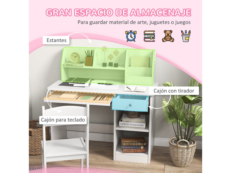  Ensemble bureau et chaise enfant avec rangement pour étudier, lire et jouer ; table 90 x 45 x 90 cm et chaise 32 x 31,5 x 65 cm, blanc  - Conforama E