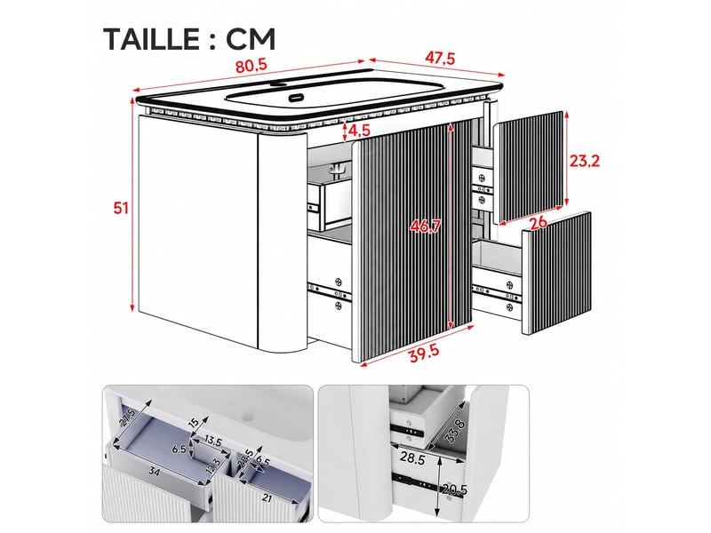  Meuble vasque suspendu vert 80 cm avec relief 3d, vasque en céramique et éclairage led  - Conforama C