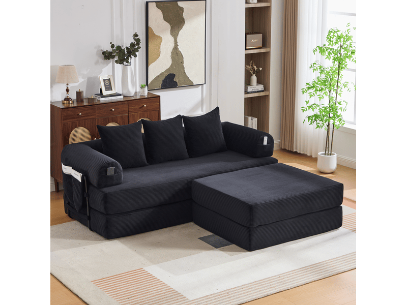  Canapé modulable 3 places avec poche latérale, 3 coussins et assise confortable en corduroy noir  - Conforama C