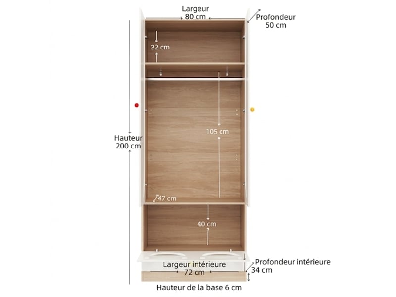  Armoire enfant 2 portes avec penderie et tiroirs, 80x50x200 cm, finition bois et blanc  - Conforama C
