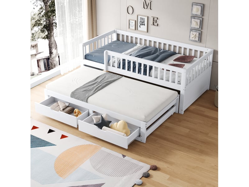  Couchage gigogne, 90x200 cm, avec garde corps de sécurité intégral, 2 tiroirs, matelas non inclus, bois, coloris blanc  - Conforama B