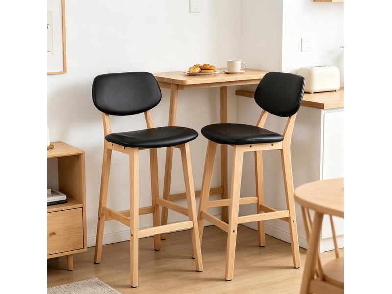  Lot de 2 tabourets de bar avec dossier et assise rembourrée, noirs et bois  - Conforama C